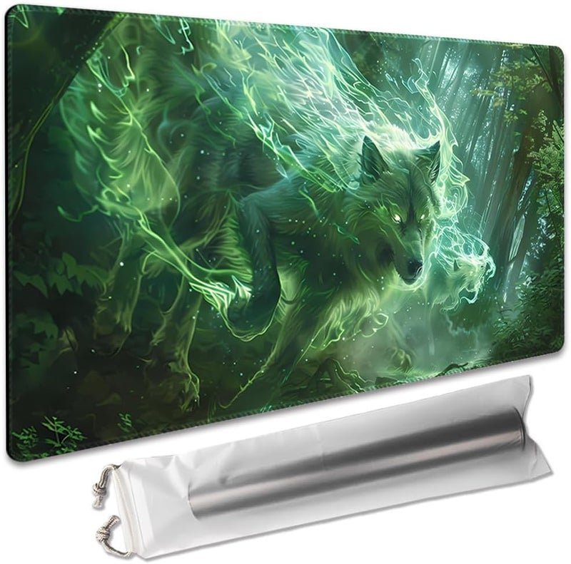 SIXTORE Store لعبة لوحية مميزة 24x14 بوصة سجادة لعب متوافقة لألعاب OCG CCG RPG MTG، سجادة مكتب (040322-ذئب أخضر) - Image 1